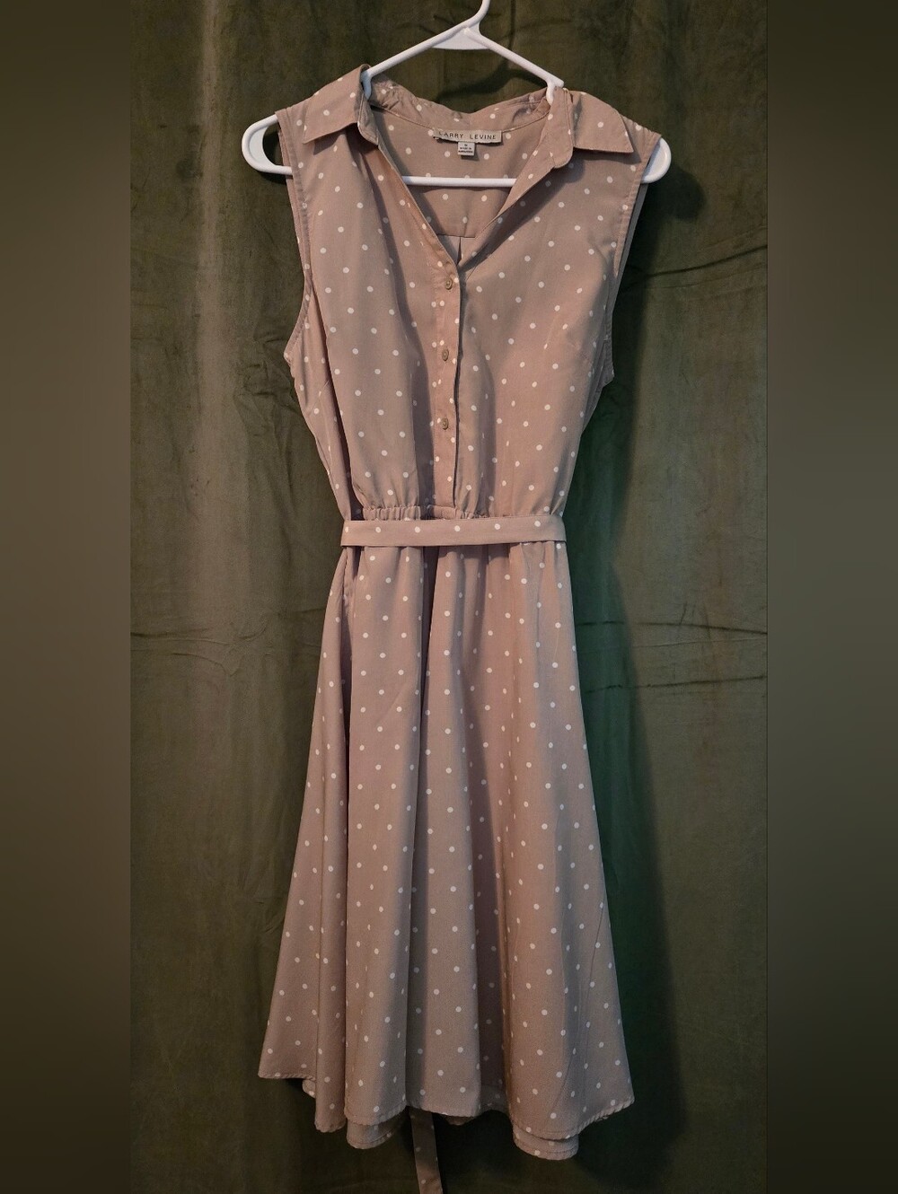 Larry Levine Taupe and White Polka Dot Midi Dress